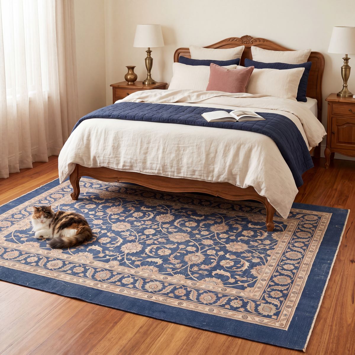 The rug at the foot of a bed with a cat asleep on it.