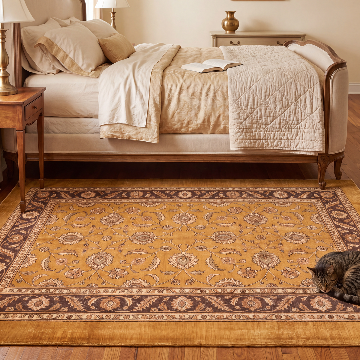 The rug at the foot of a bed with a cat asleep on it.