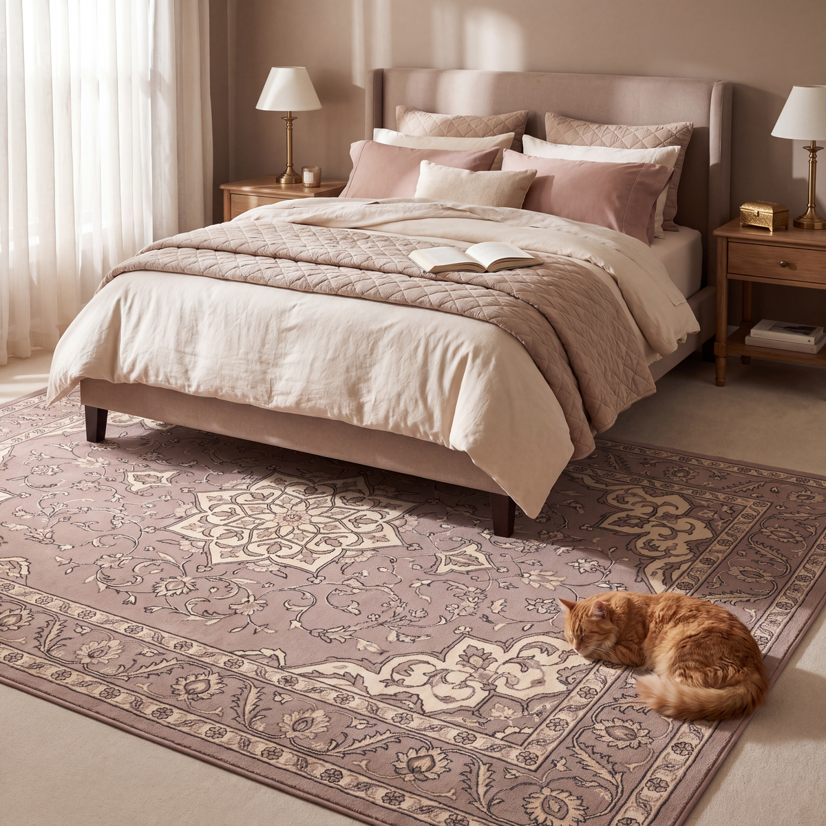 The rug at the foot of a bed with a cat asleep on it.