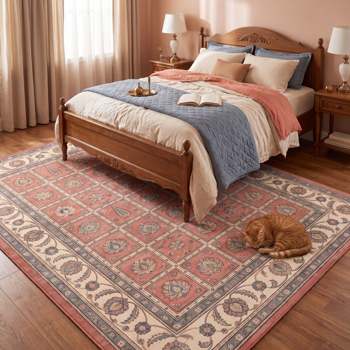 The rug at the foot of a bed with a cat asleep on it.