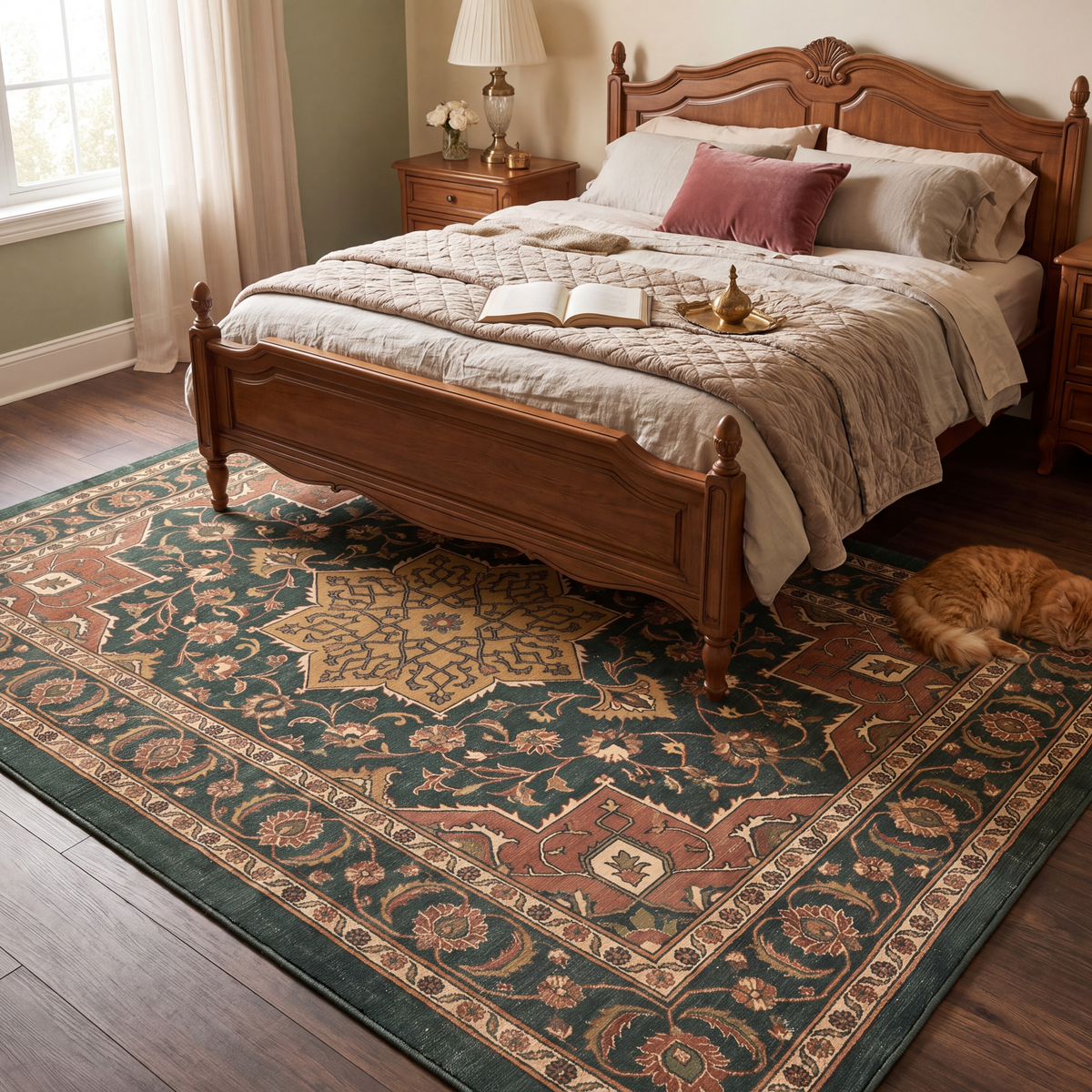 The rug at the foot of a bed with a cat asleep on it.