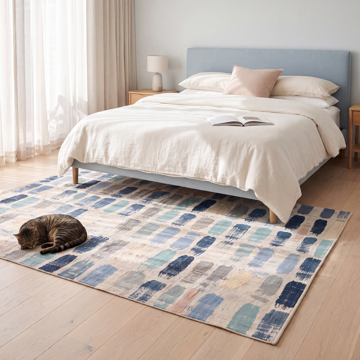 The rug at the foot of a bed with a cat asleep on it.