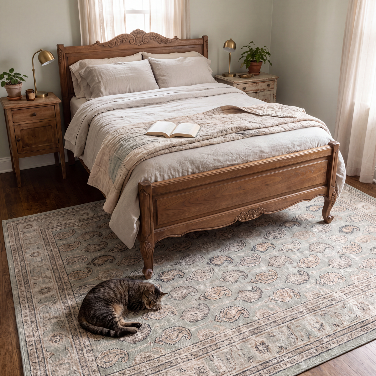 The rug at the foot of a bed with a cat asleep on it.