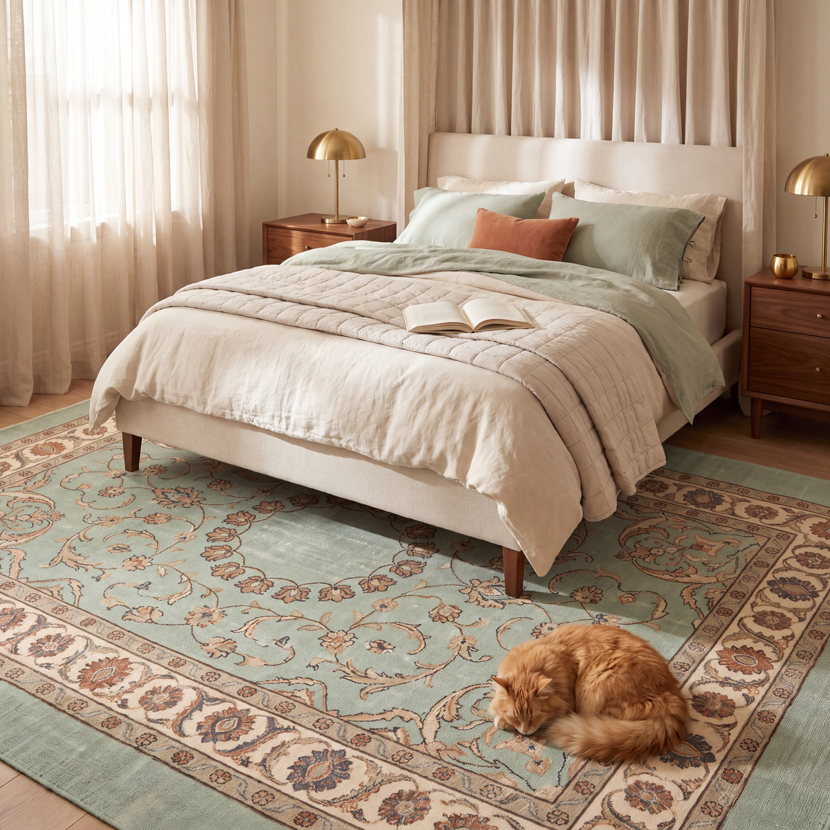The rug at the foot of a bed with a cat asleep on it.