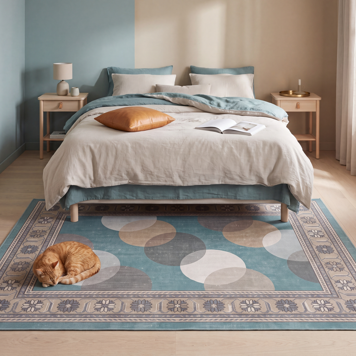 The rug at the foot of a bed with a cat asleep on it.