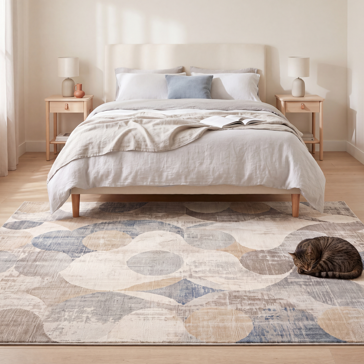 The rug at the foot of a bed with a cat asleep on it.