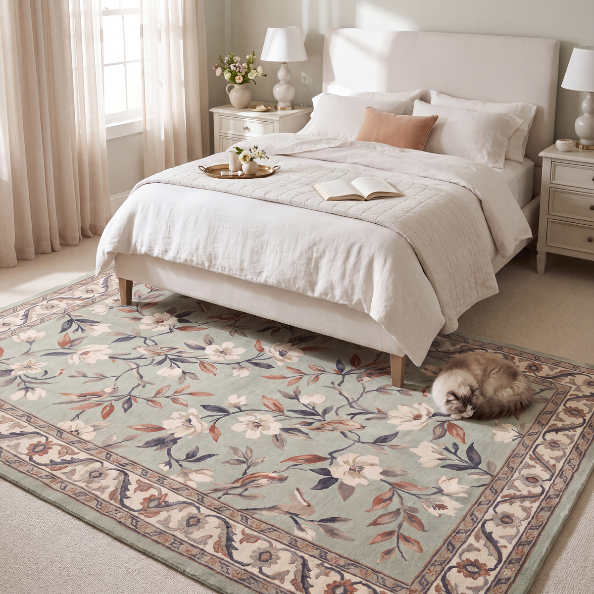 The rug at the foot of a bed with a cat asleep on it.
