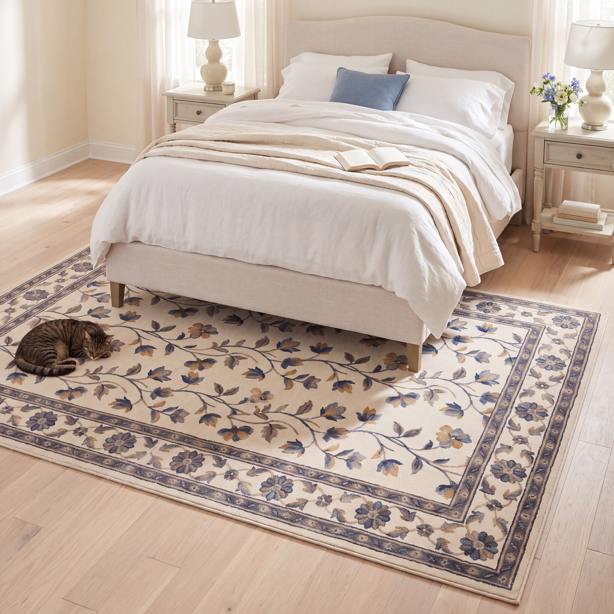 The rug at the foot of a bed with a cat asleep on it.