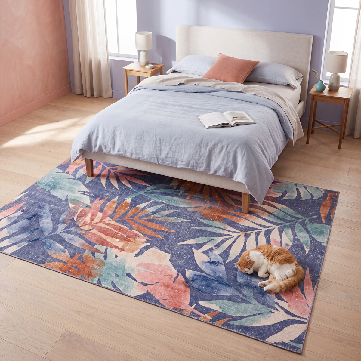 The rug at the foot of a bed with a cat asleep on it.