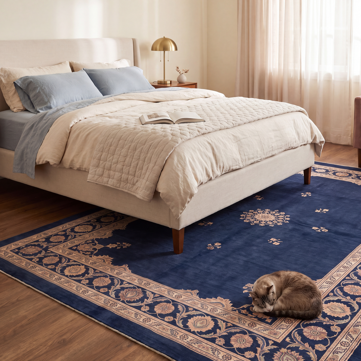 The rug at the foot of a bed with a cat asleep on it.