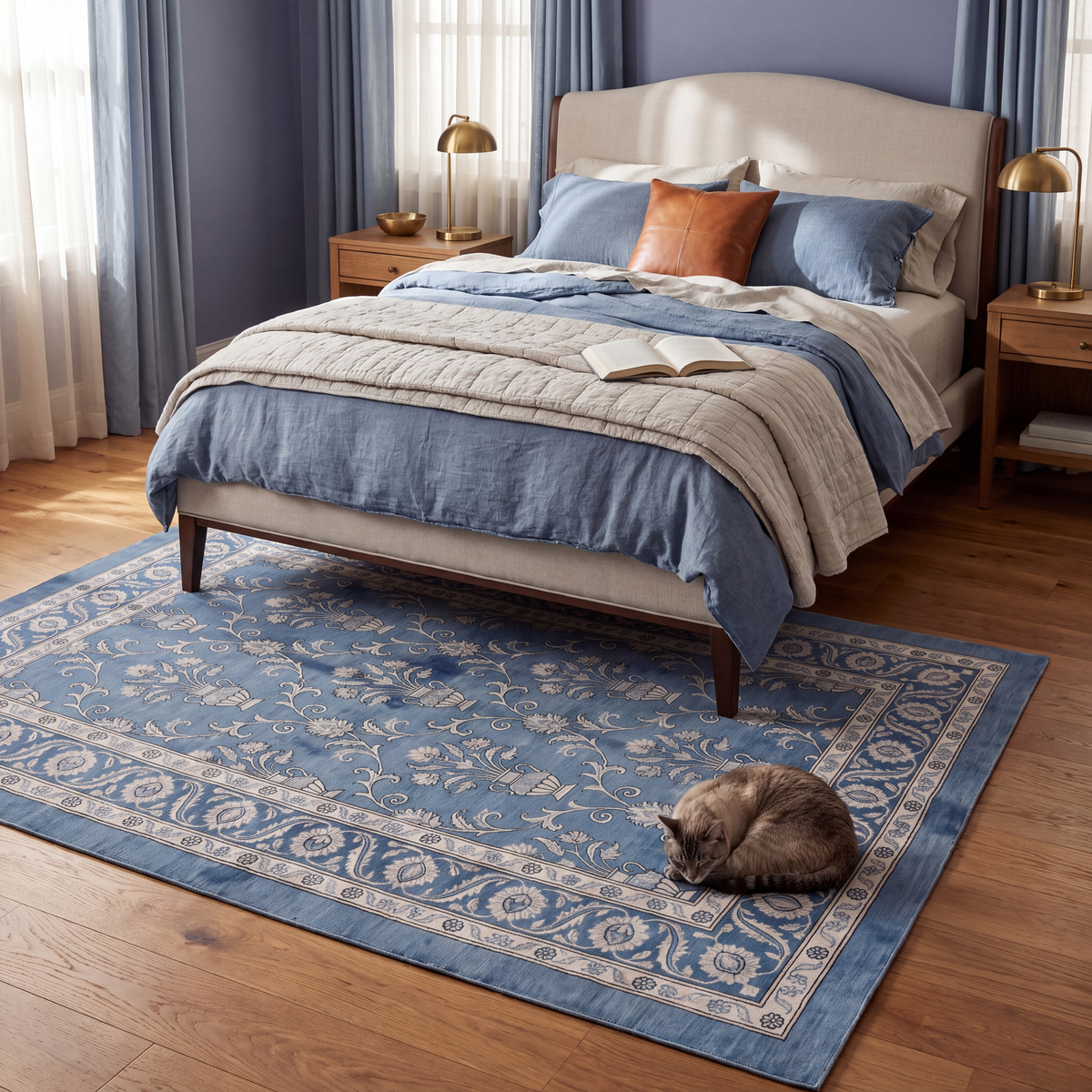 The rug at the foot of a bed with a cat asleep on it.