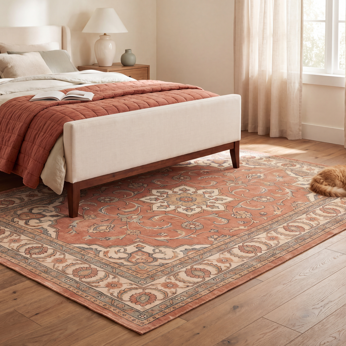 The rug at the foot of a bed with a cat asleep on it.