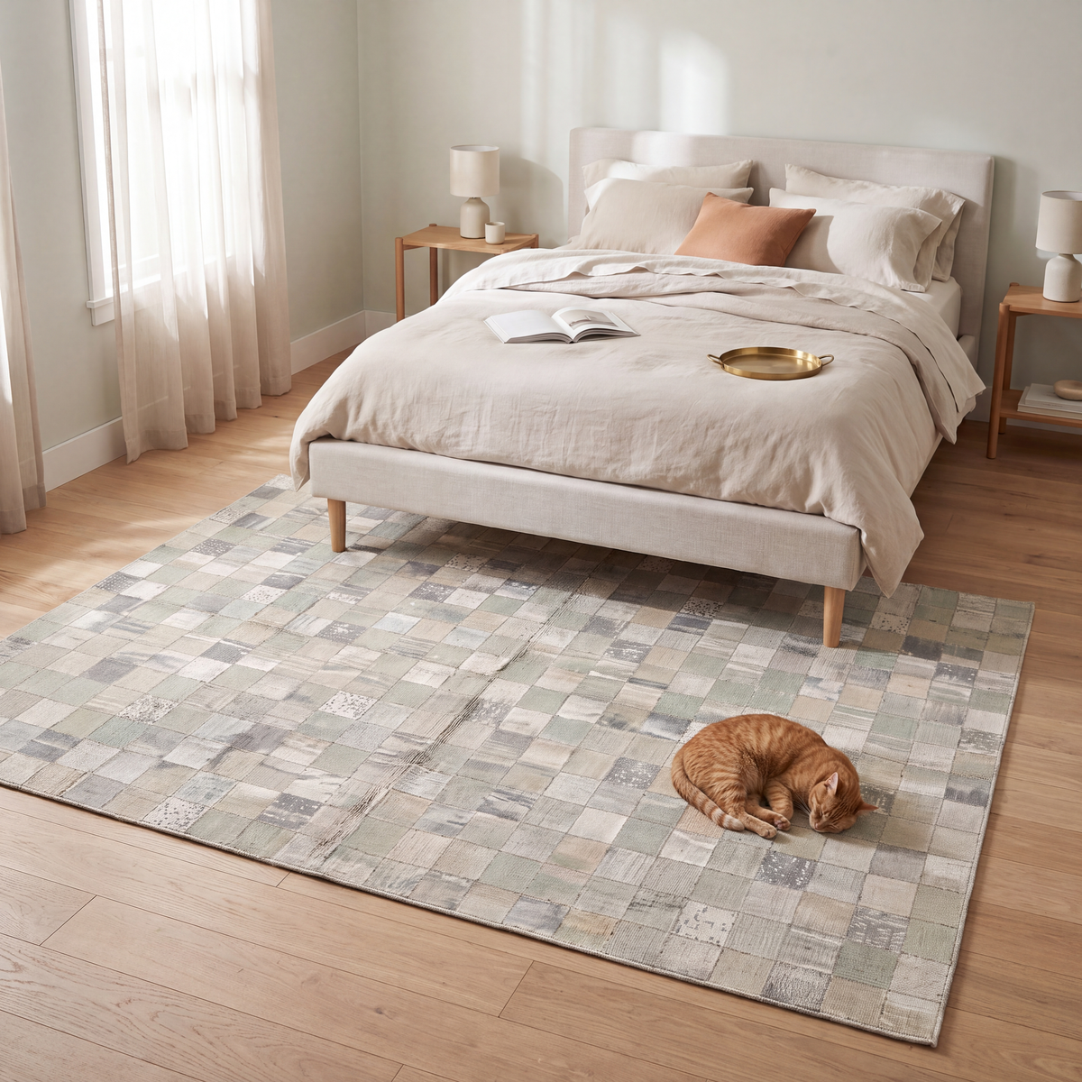 The rug at the foot of a bed with a cat asleep on it.