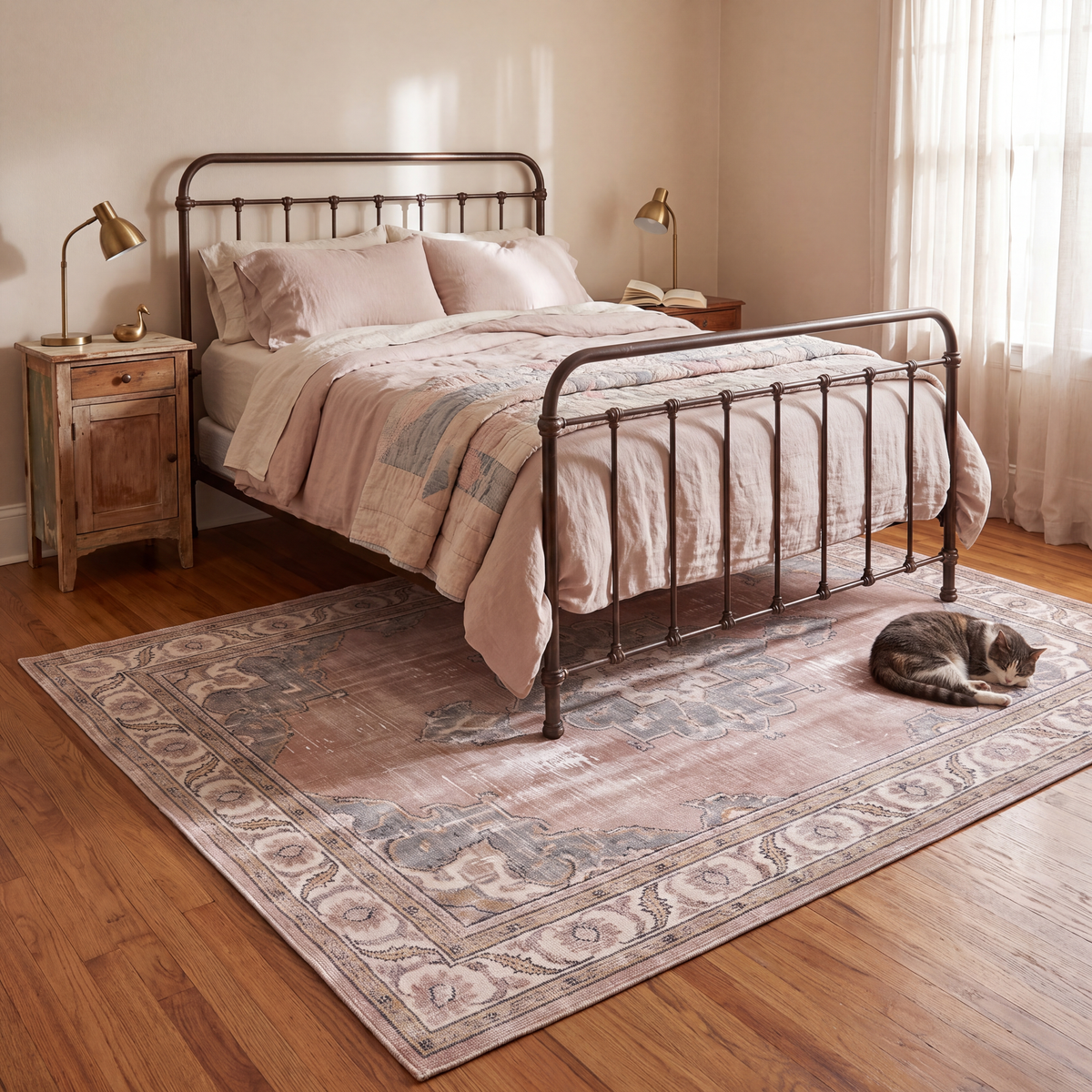 The rug at the foot of a bed with a cat asleep on it.
