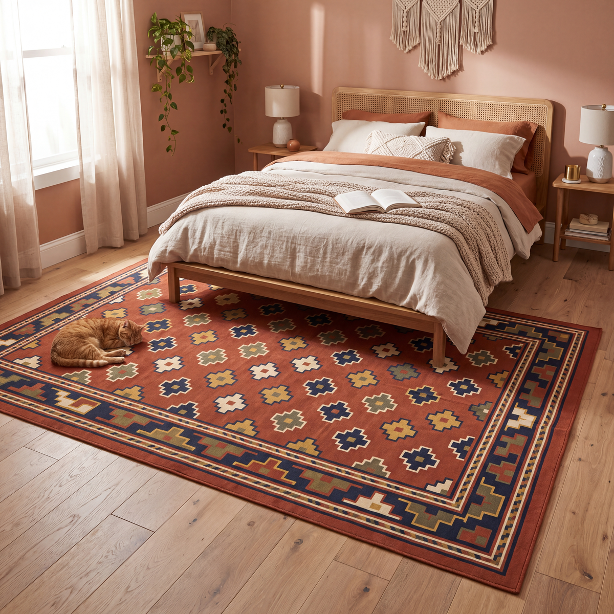 The rug at the foot of a bed with a cat asleep on it.