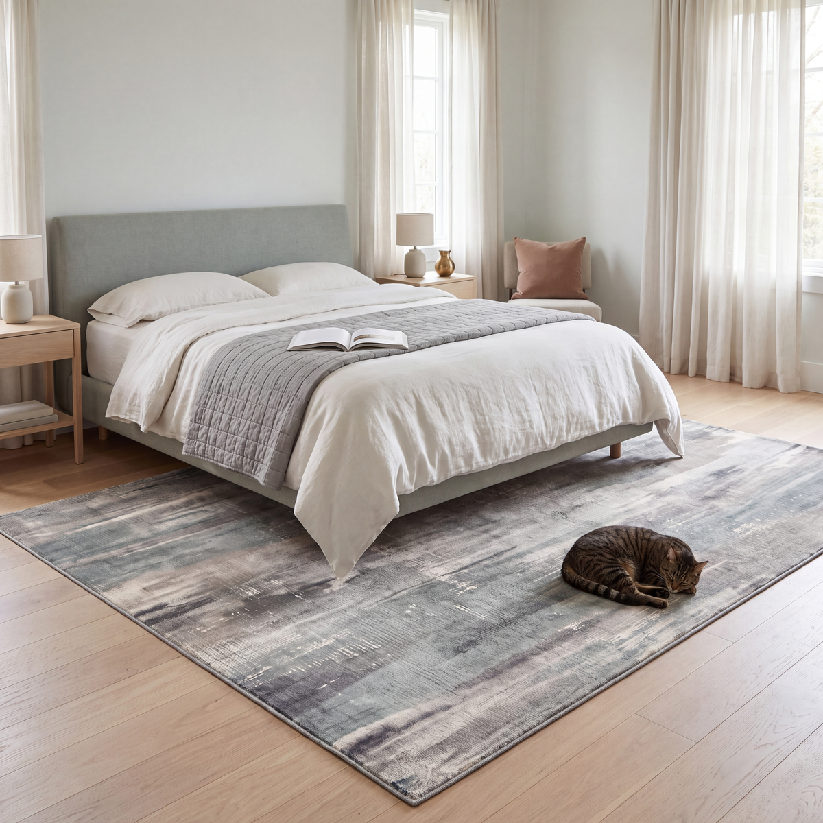 The rug at the foot of a bed with a cat asleep on it.