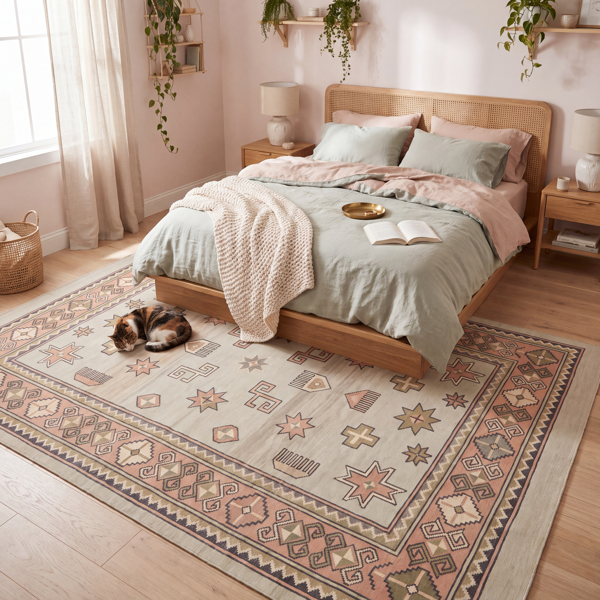 The rug at the foot of a bed with a cat asleep on it.