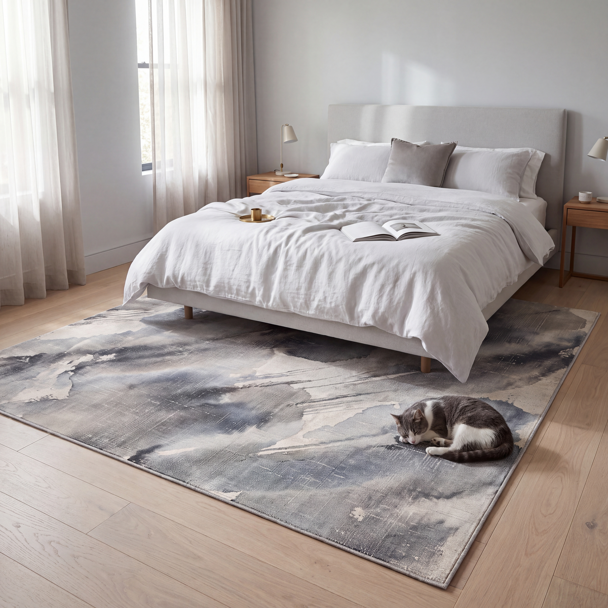 The rug at the foot of a bed with a cat asleep on it.