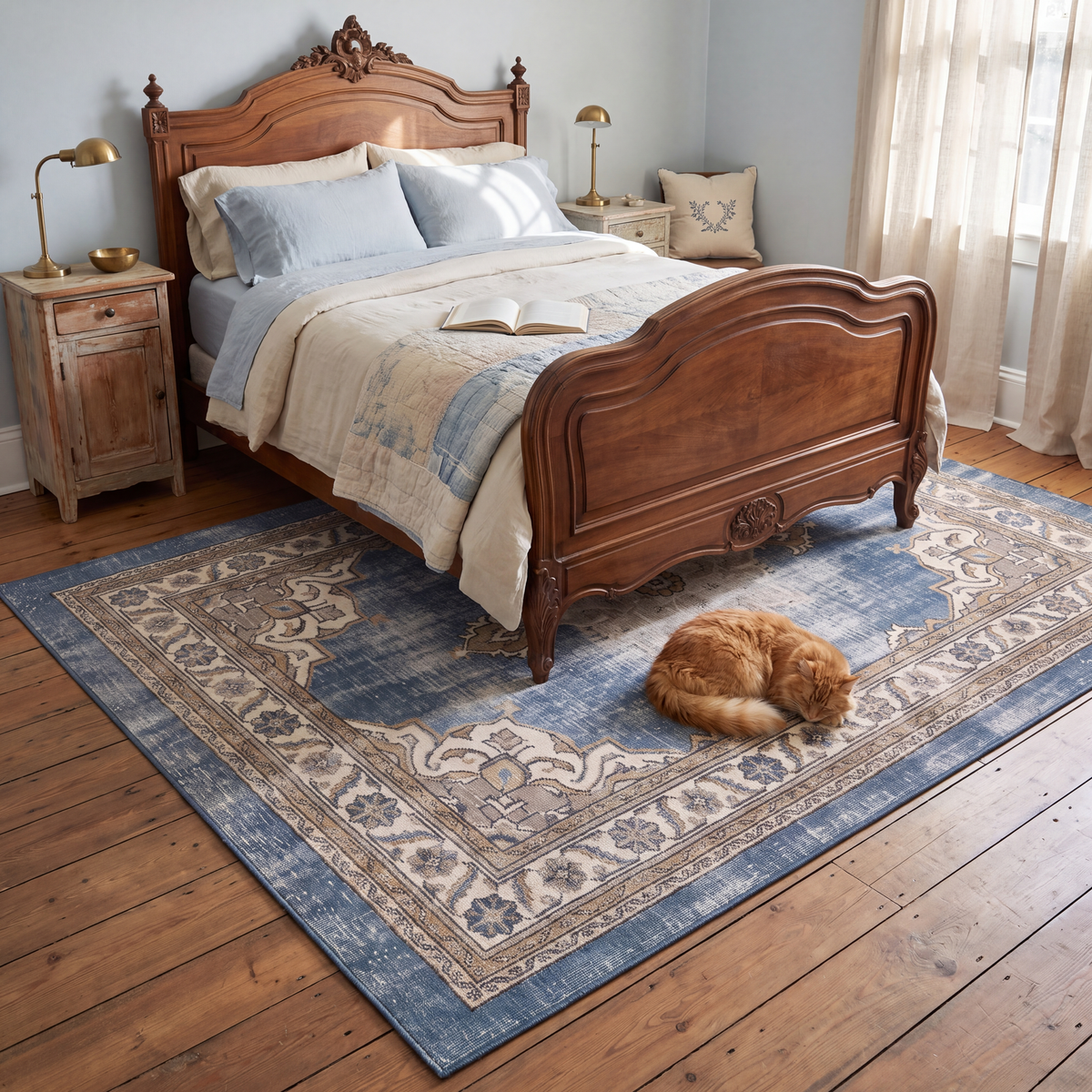 The rug at the foot of a bed with a cat asleep on it.