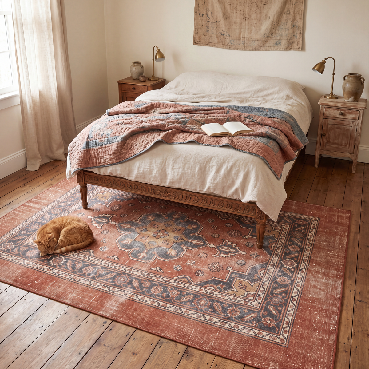 The rug at the foot of a bed with a cat asleep on it.