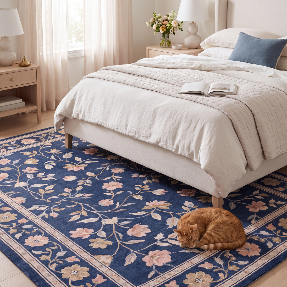 The rug at the foot of a bed with a cat asleep on it.