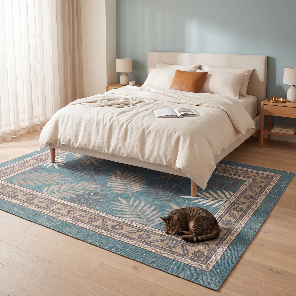 The rug at the foot of a bed with a cat asleep on it.