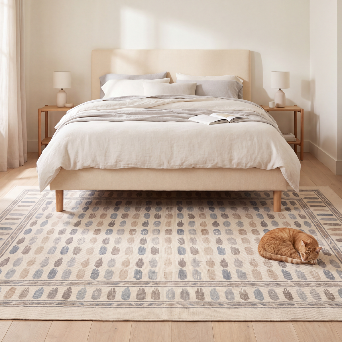 The rug at the foot of a bed with a cat asleep on it.