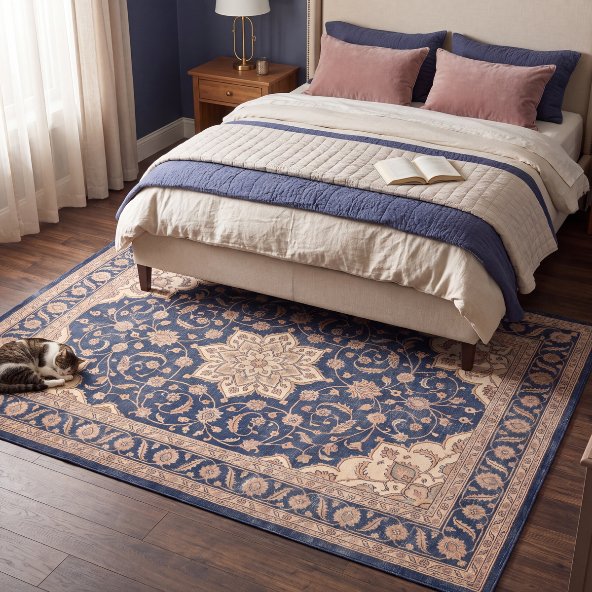 The rug at the foot of a bed with a cat asleep on it.