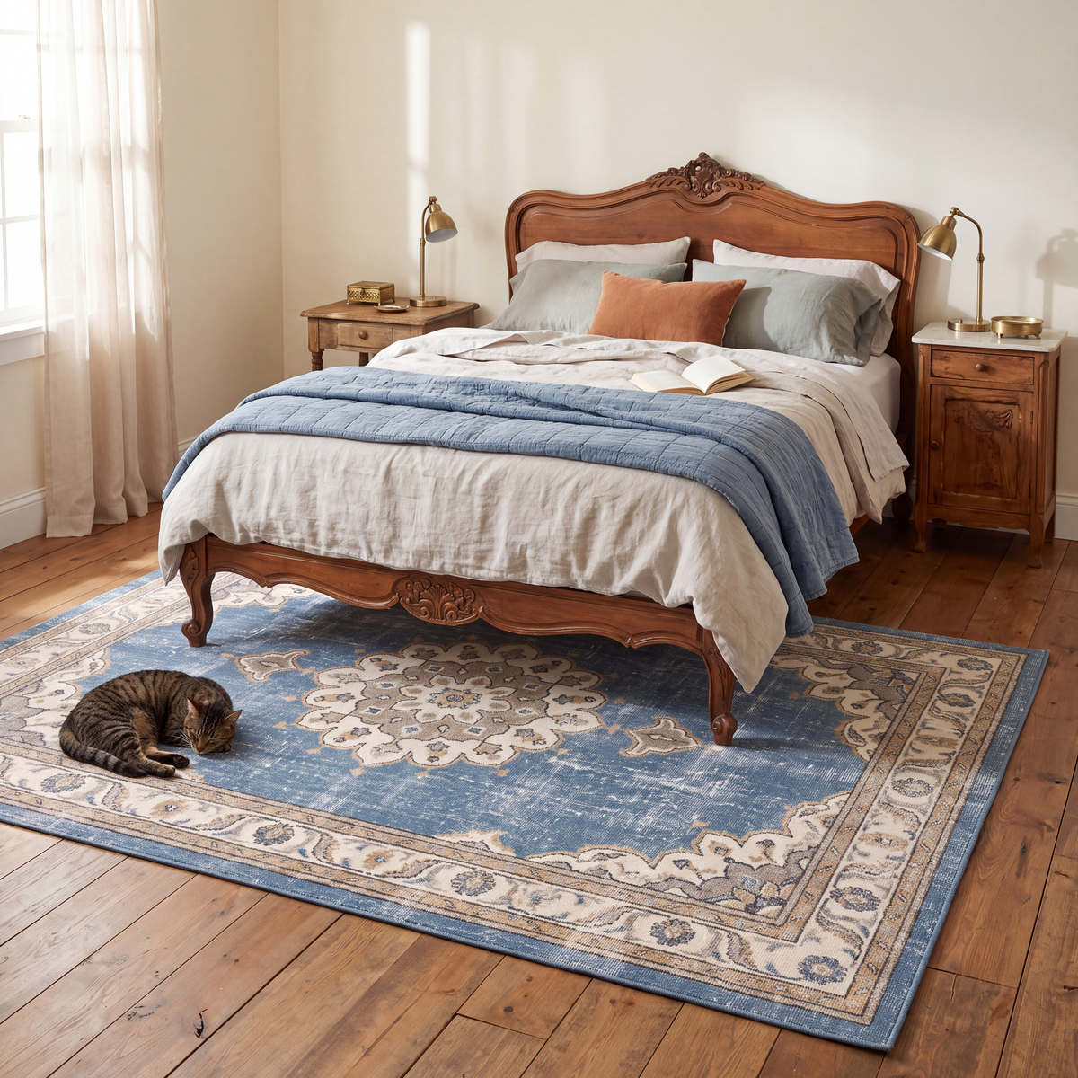The rug at the foot of a bed with a cat asleep on it.