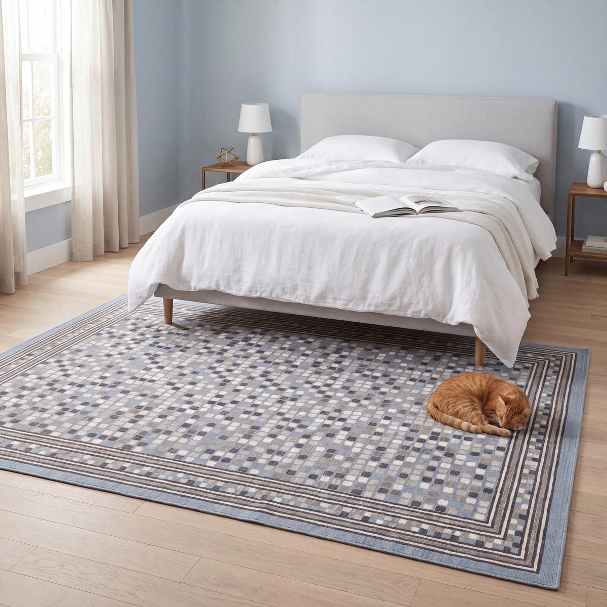 The rug at the foot of a bed with a cat asleep on it.