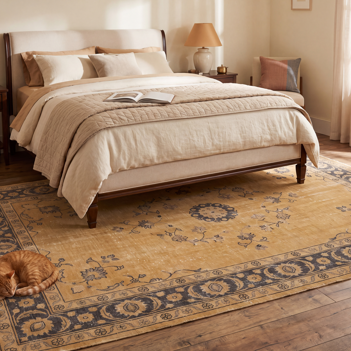 The rug at the foot of a bed with a cat asleep on it.