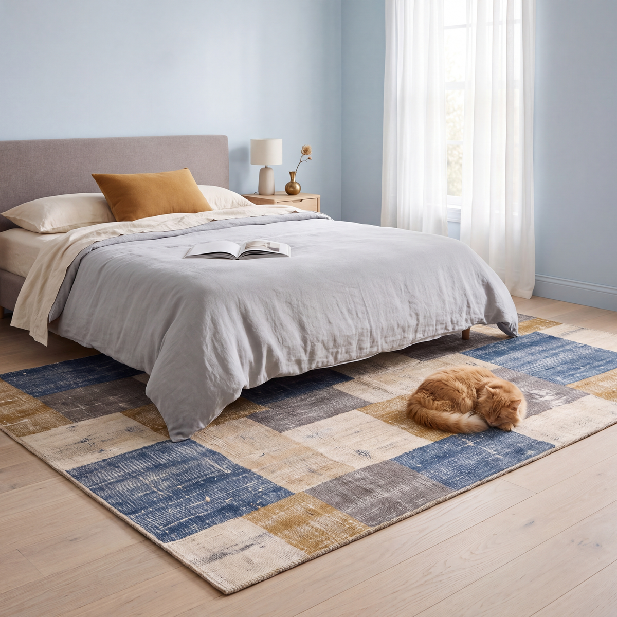 The rug at the foot of a bed with a cat asleep on it.
