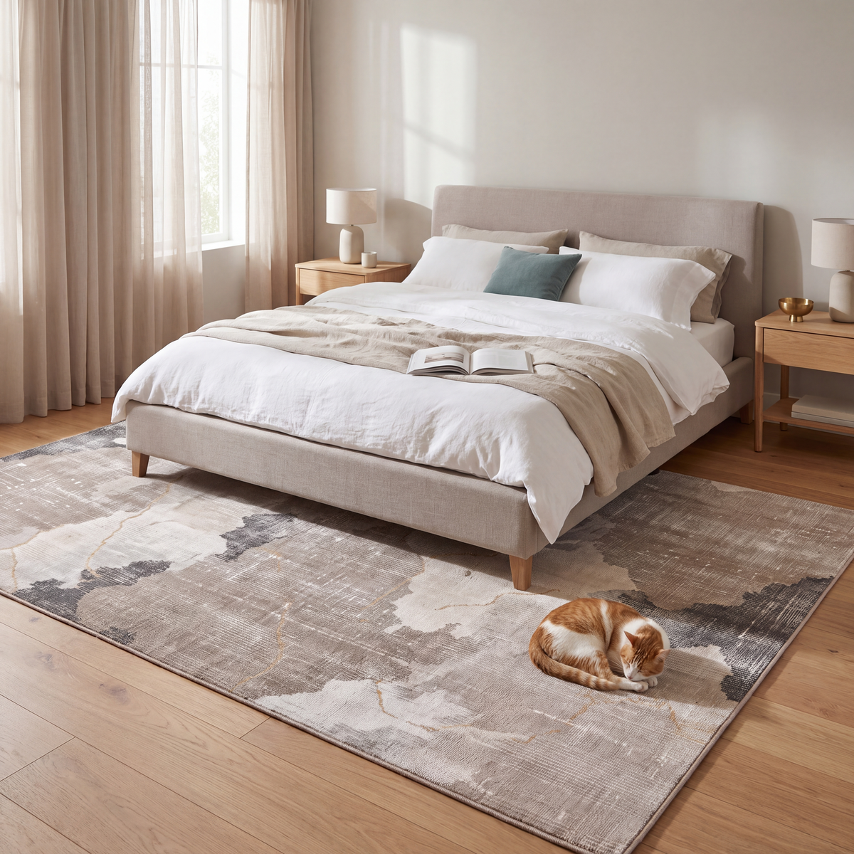 The rug at the foot of a bed with a cat asleep on it.
