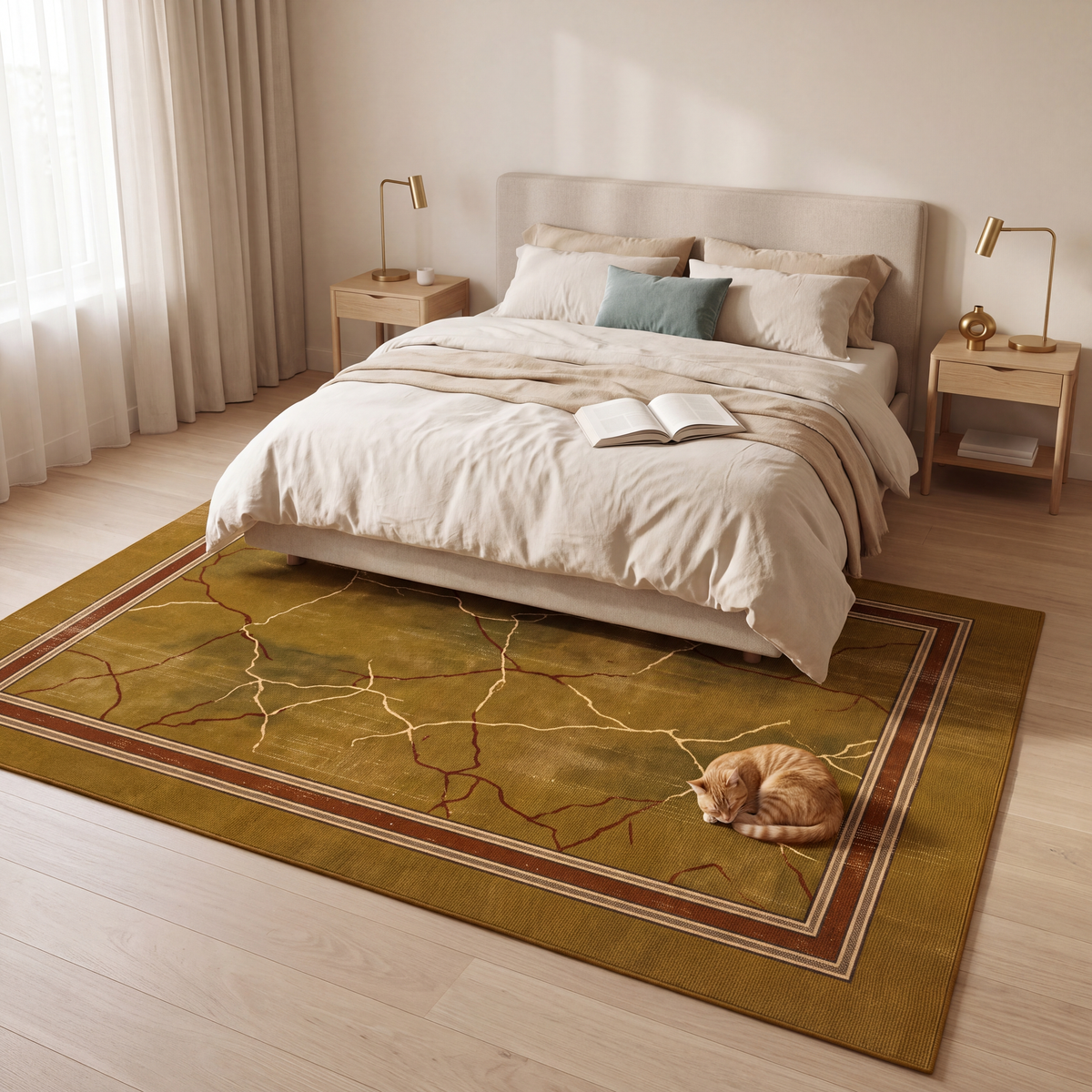 The rug at the foot of a bed with a cat asleep on it.