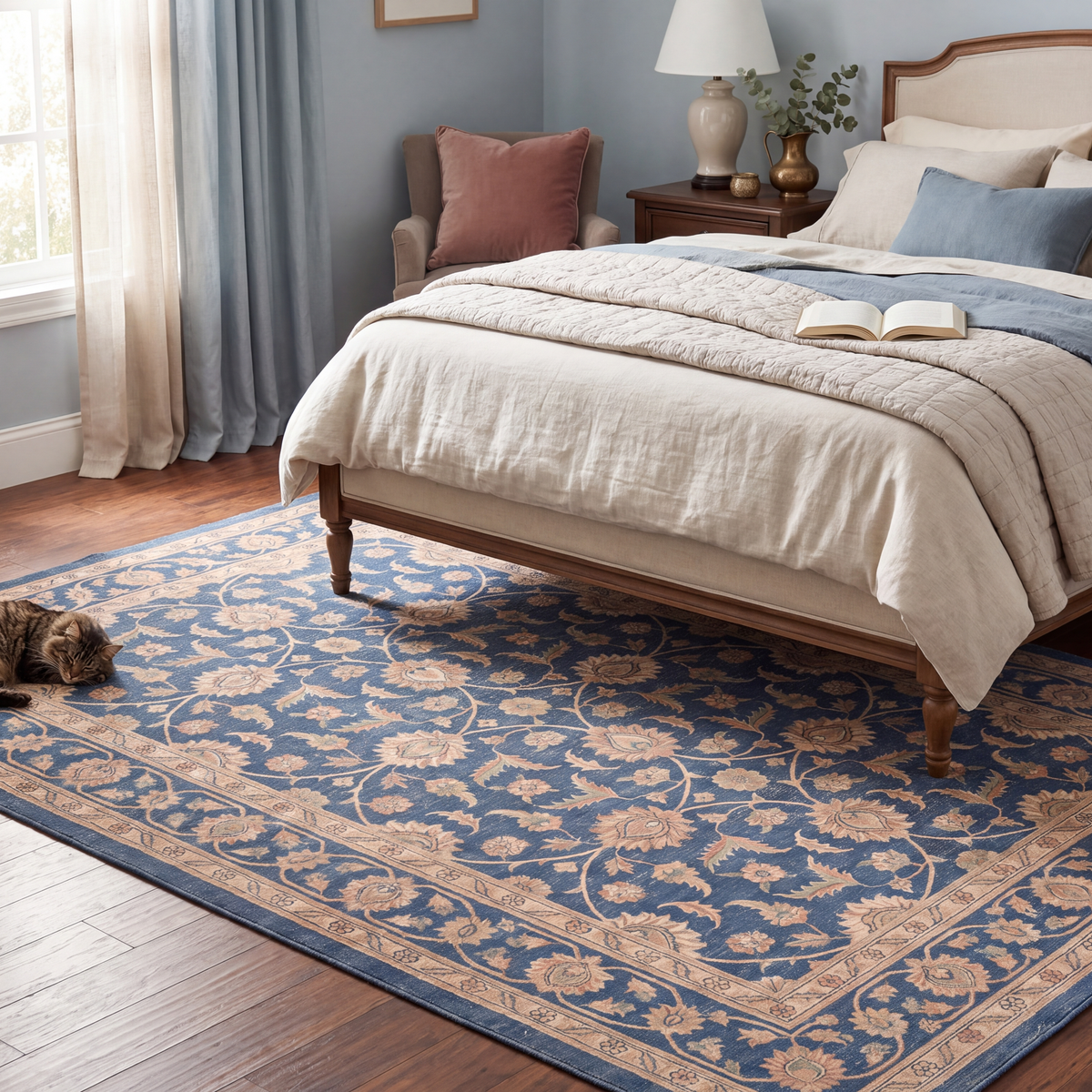 The rug at the foot of a bed with a cat asleep on it.