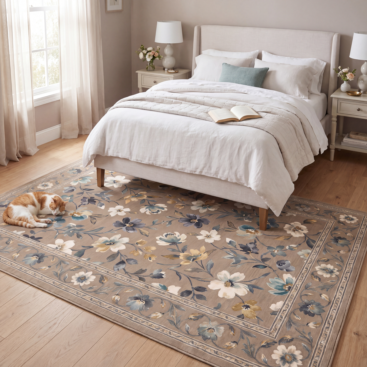 The rug at the foot of a bed with a cat asleep on it.
