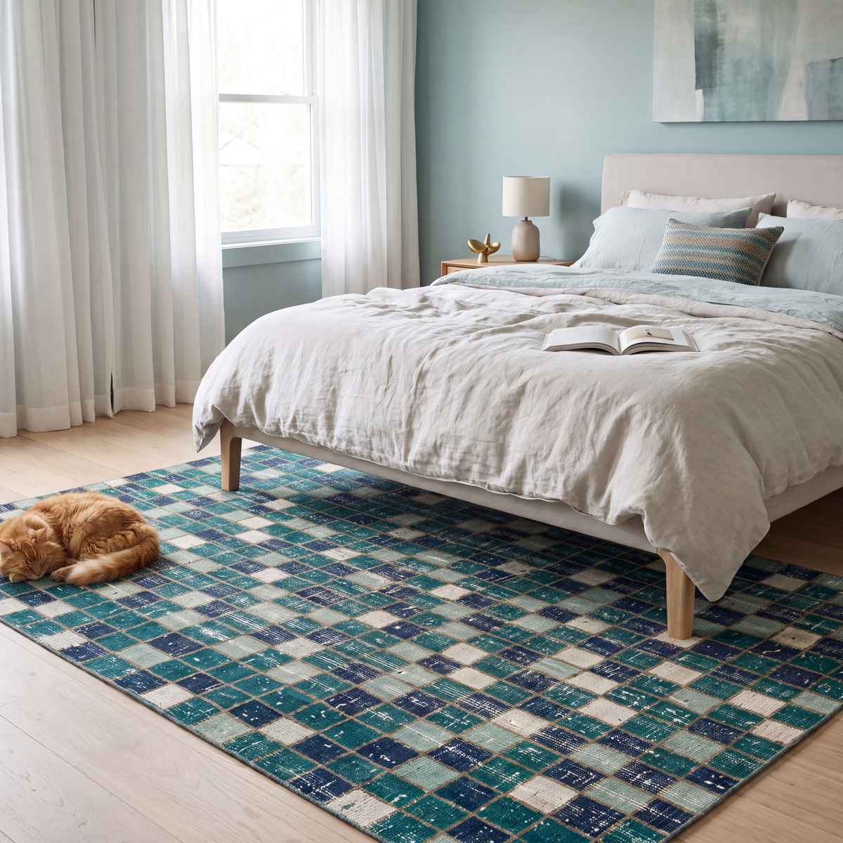 The rug at the foot of a bed with a cat asleep on it.