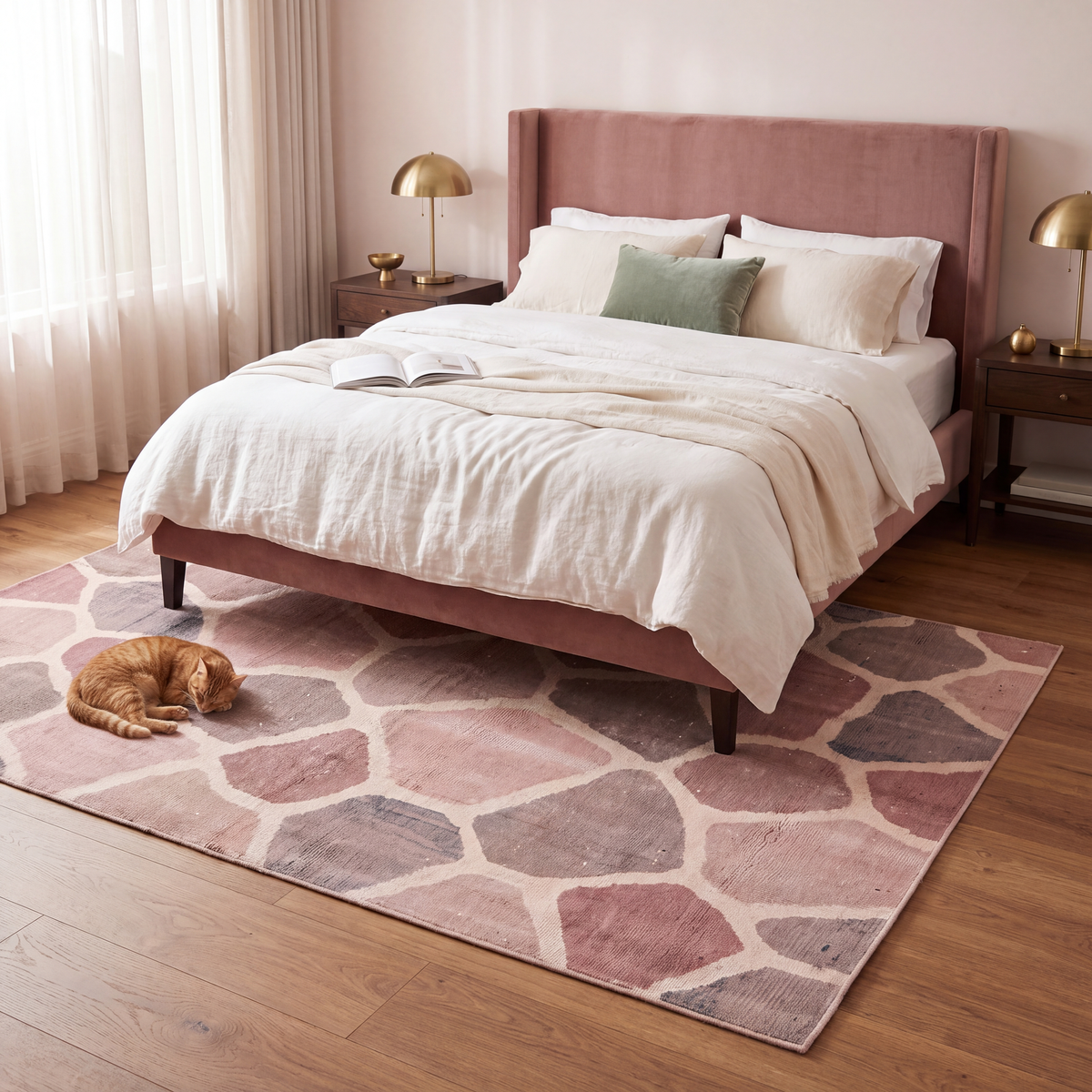The rug at the foot of a bed with a cat asleep on it.