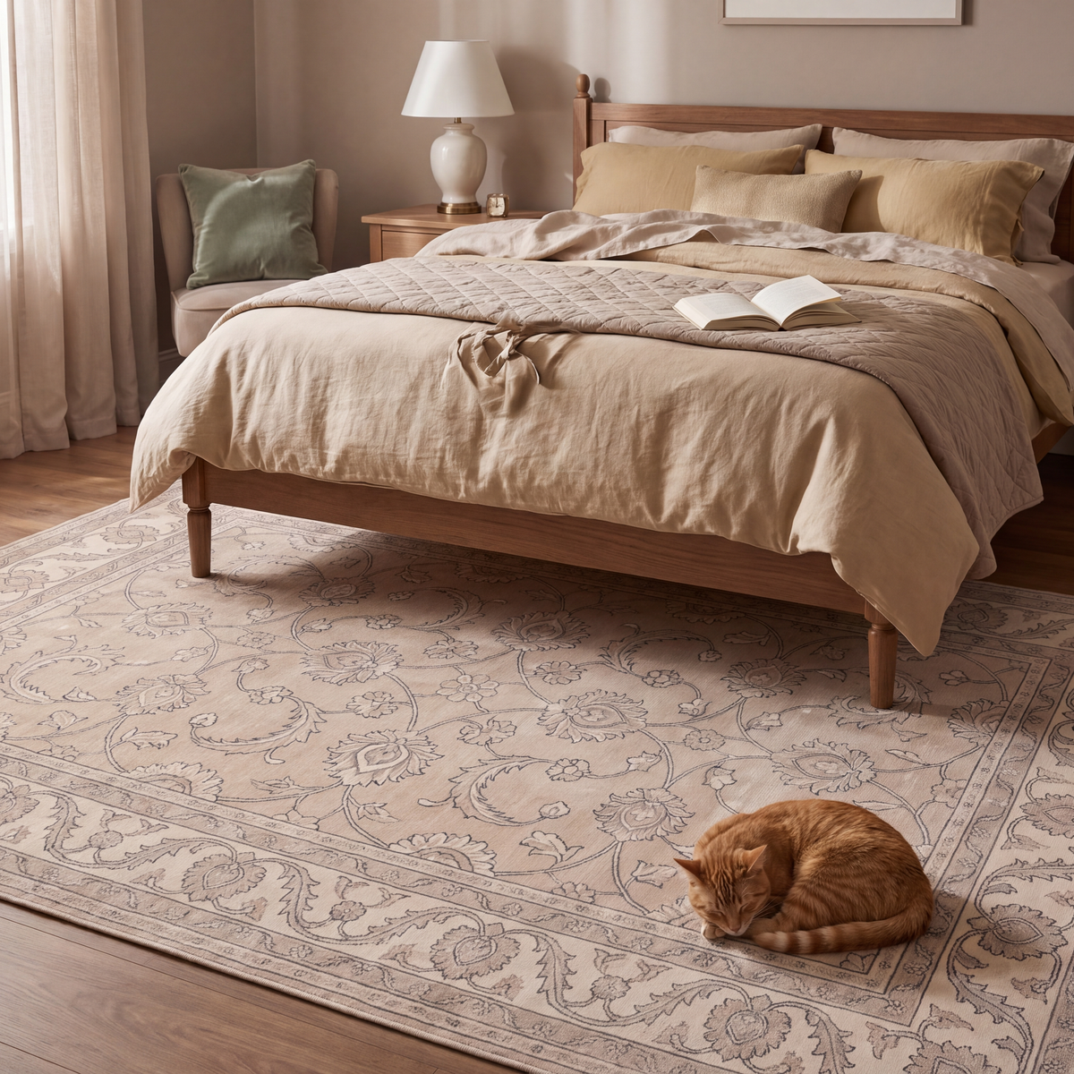 The rug at the foot of a bed with a cat asleep on it.