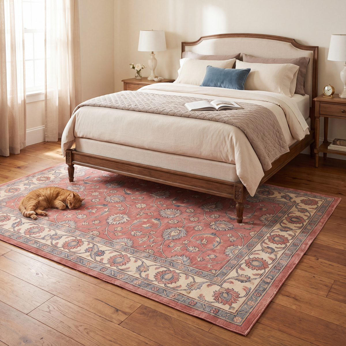 The rug at the foot of a bed with a cat asleep on it.