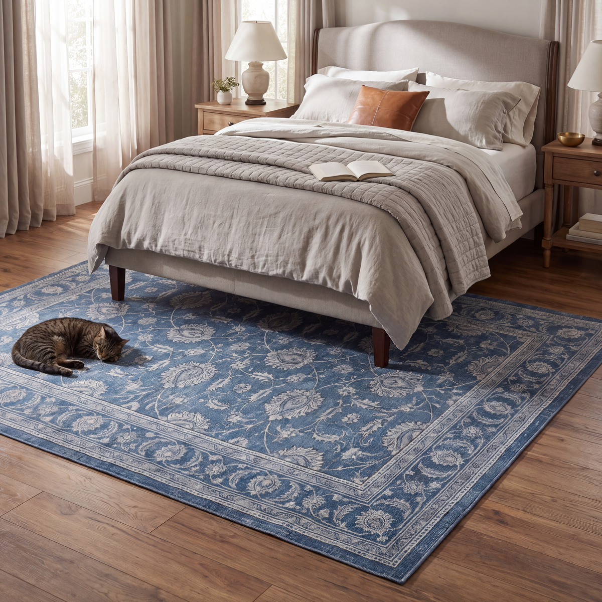 The rug at the foot of a bed with a cat asleep on it.