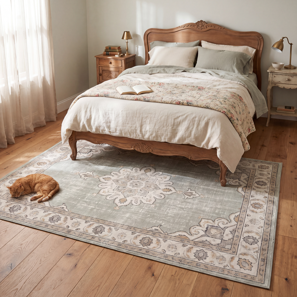 The rug at the foot of a bed with a cat asleep on it.