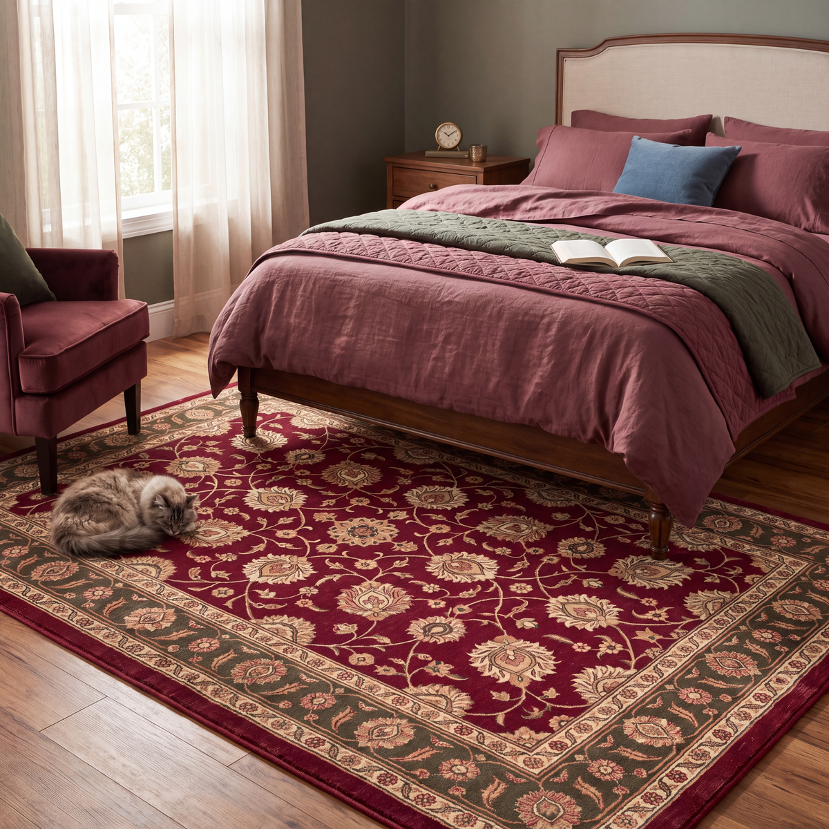 The rug at the foot of a bed with a cat asleep on it.