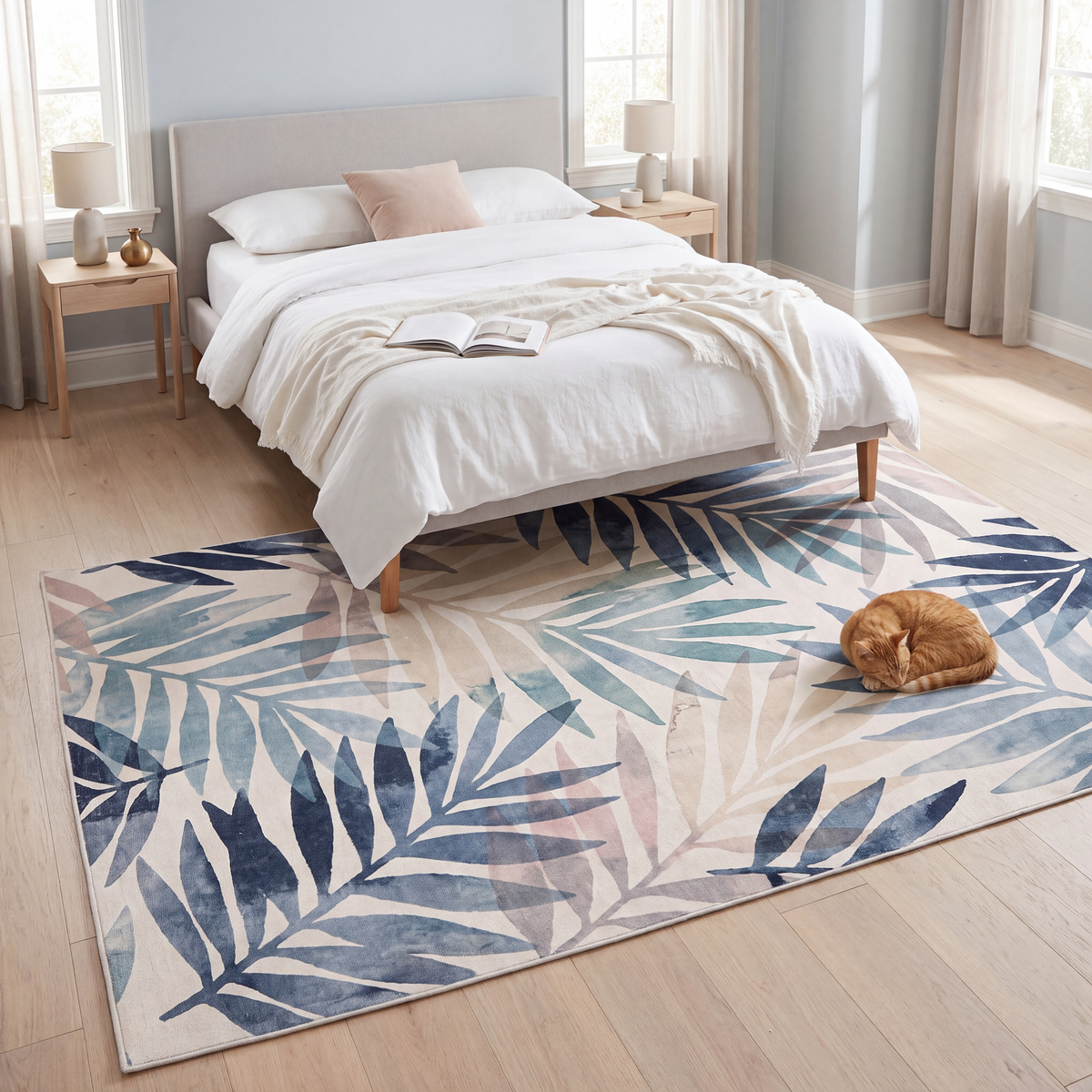 The rug at the foot of a bed with a cat asleep on it.