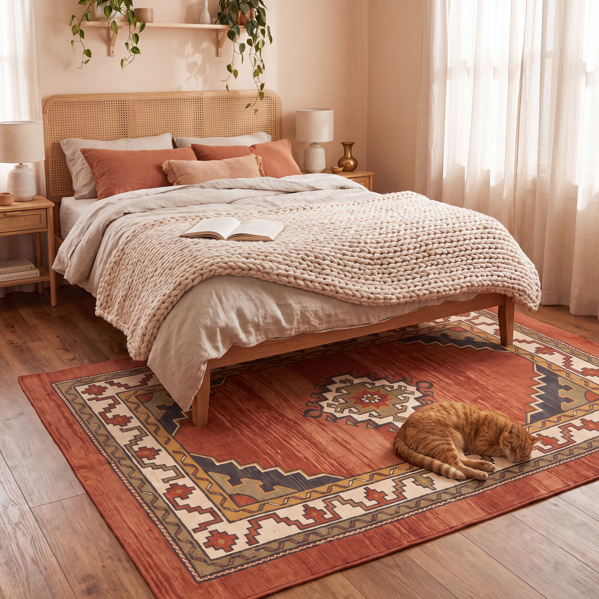 The rug at the foot of a bed with a cat asleep on it.