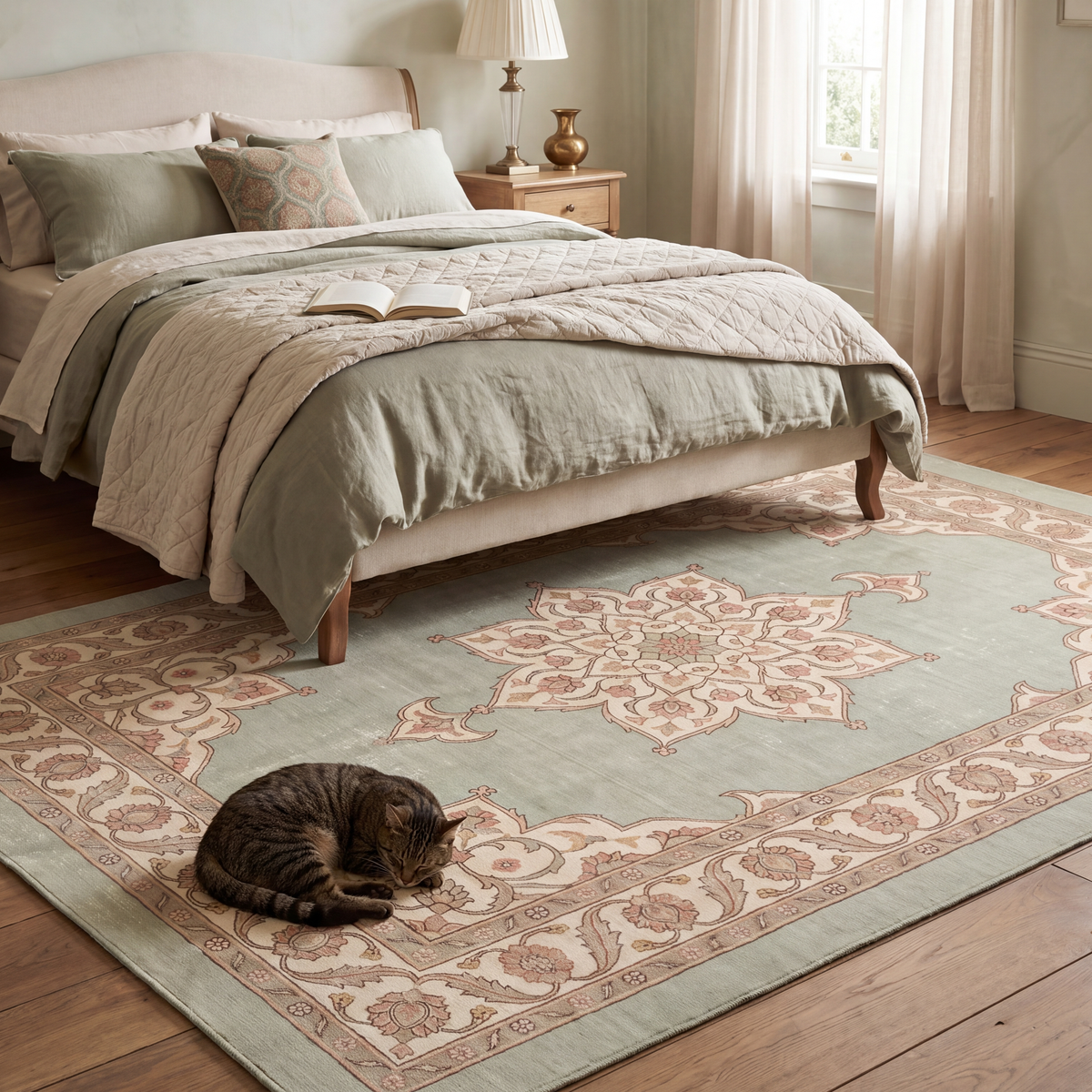 The rug at the foot of a bed with a cat asleep on it.