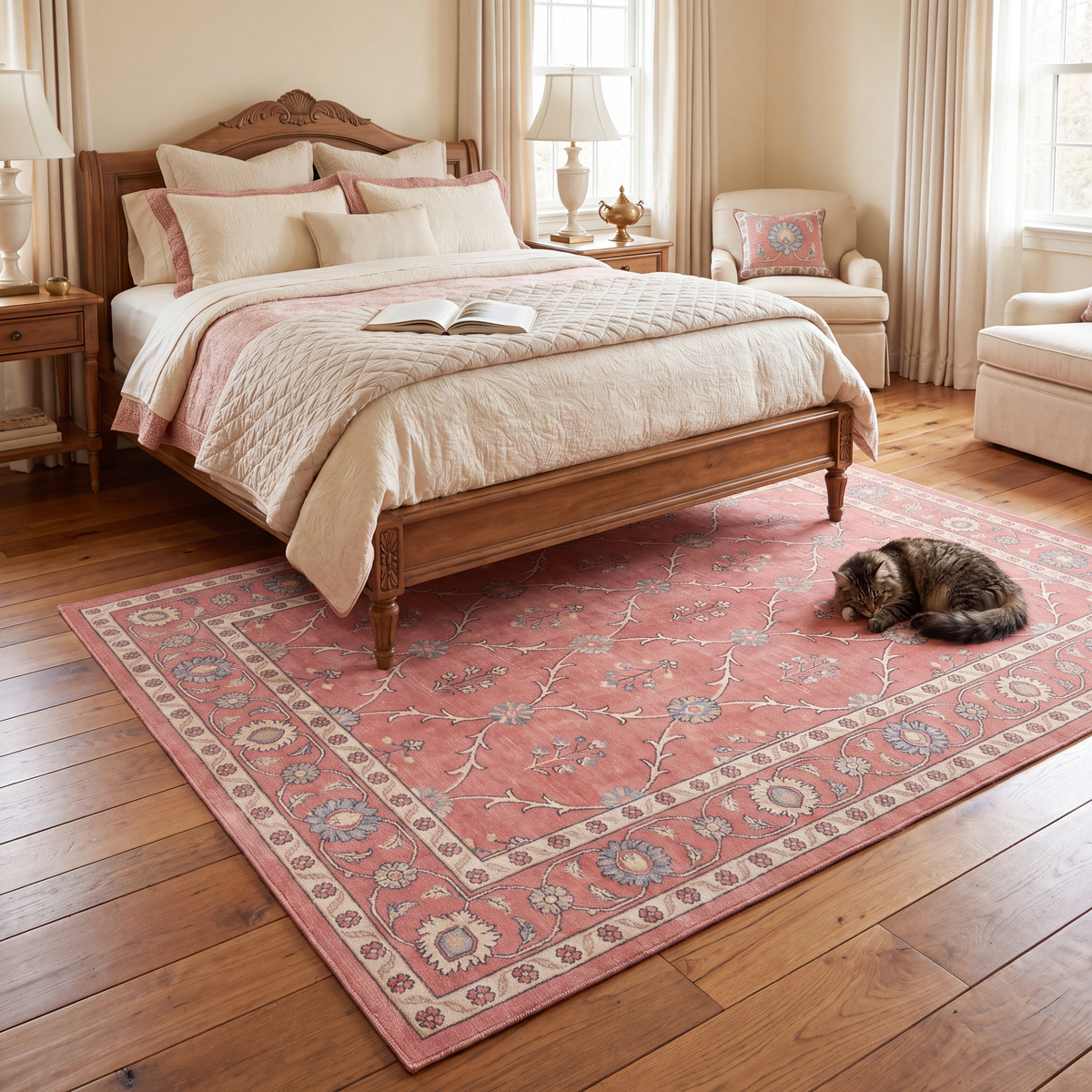 The rug at the foot of a bed with a cat asleep on it.