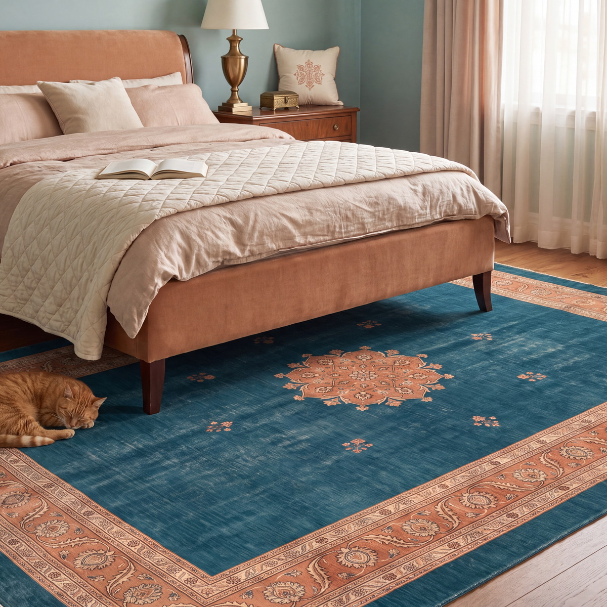 The rug at the foot of a bed with a cat asleep on it.