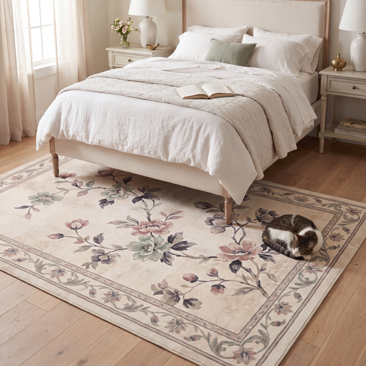 The rug at the foot of a bed with a cat asleep on it.