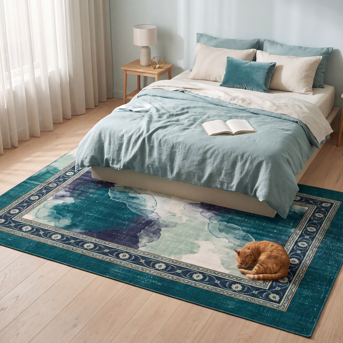 The rug at the foot of a bed with a cat asleep on it.